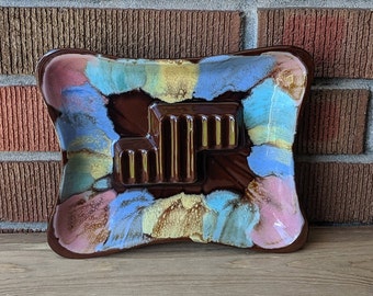 Large Ceramic Vintage Ashtray, Brown and Pastel, Midcentury Ceramic Ashtray