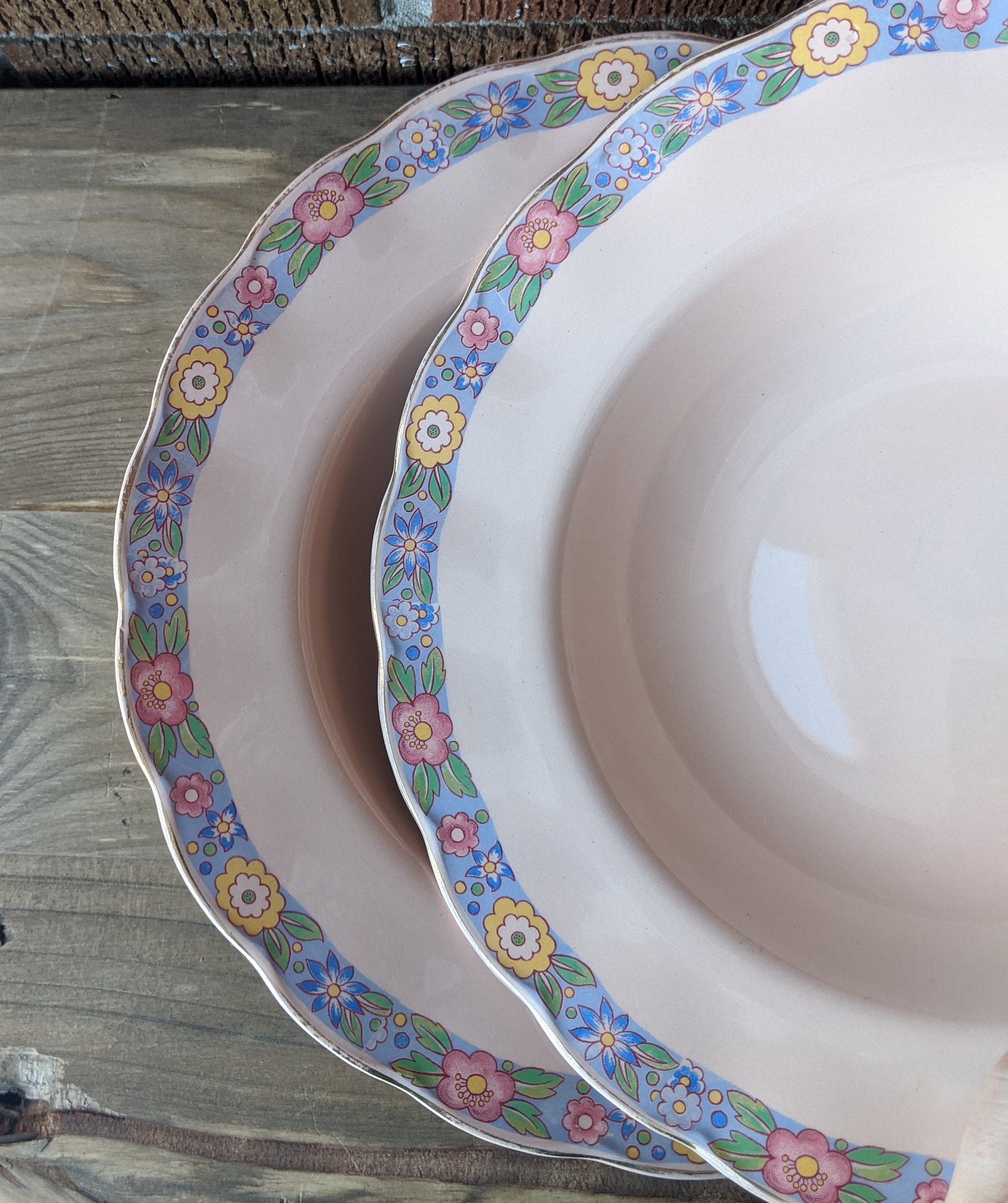 1950s Made in England Mid Century Plates Petalware Grindley England Peach Petal with Floral Border and Gilding Set of 5 Side Plates
