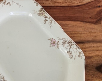 May include: A white oval serving platter with a floral design in shades of brown and pink. The platter has a slightly raised rim and a smooth, glossy finish.