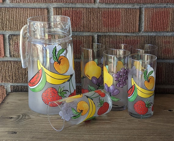 Vintage French Glass Juice Pitcher 6 Glasses, Colourful Fruit With