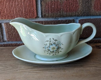 Grindley England Almond Petal with Flowers Gravy Boat and Saucer, Mid Century Serving Ware. Made in England, 1950s
