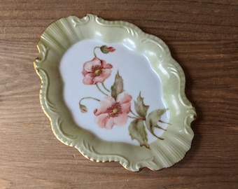 Vintage Hand Painted Floral Decorative Dish, Pink Floral with Green, Artist Signed, Painted in Muskoka, Ontario, Shabby Chic/Farmhouse Decor