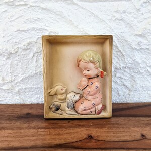 Vintage Napco Ceramic 3D Wall Plaque, A Child&#39;s Prayer, Little Girl Praying, Nursery Decor, 1960s