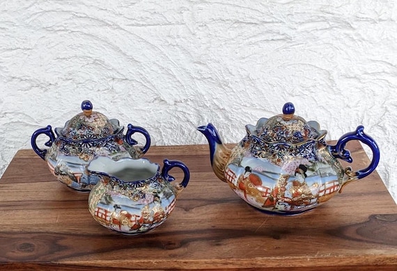 アンティーク 田代九谷 芸者 ティーポット、クリーマー、シュガー