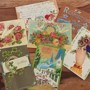 Lot antique de 7 cartes postales/de vœux/anniversaire, en relief, scrapbooking, éphémère, imprimé en Allemagne, début des années 1900