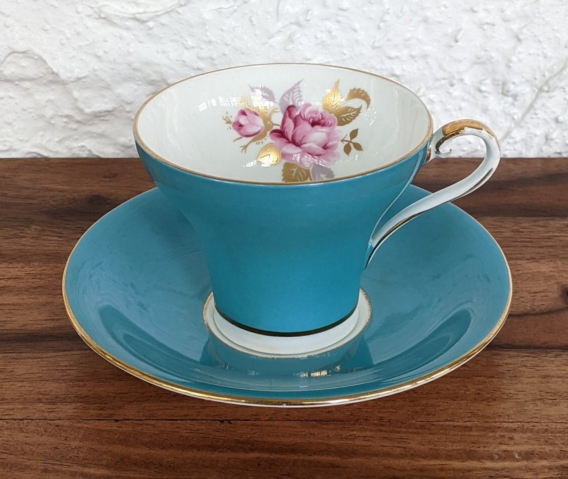 Aynsley Teacup and Saucer, Blue With Pink Roses and Gilding