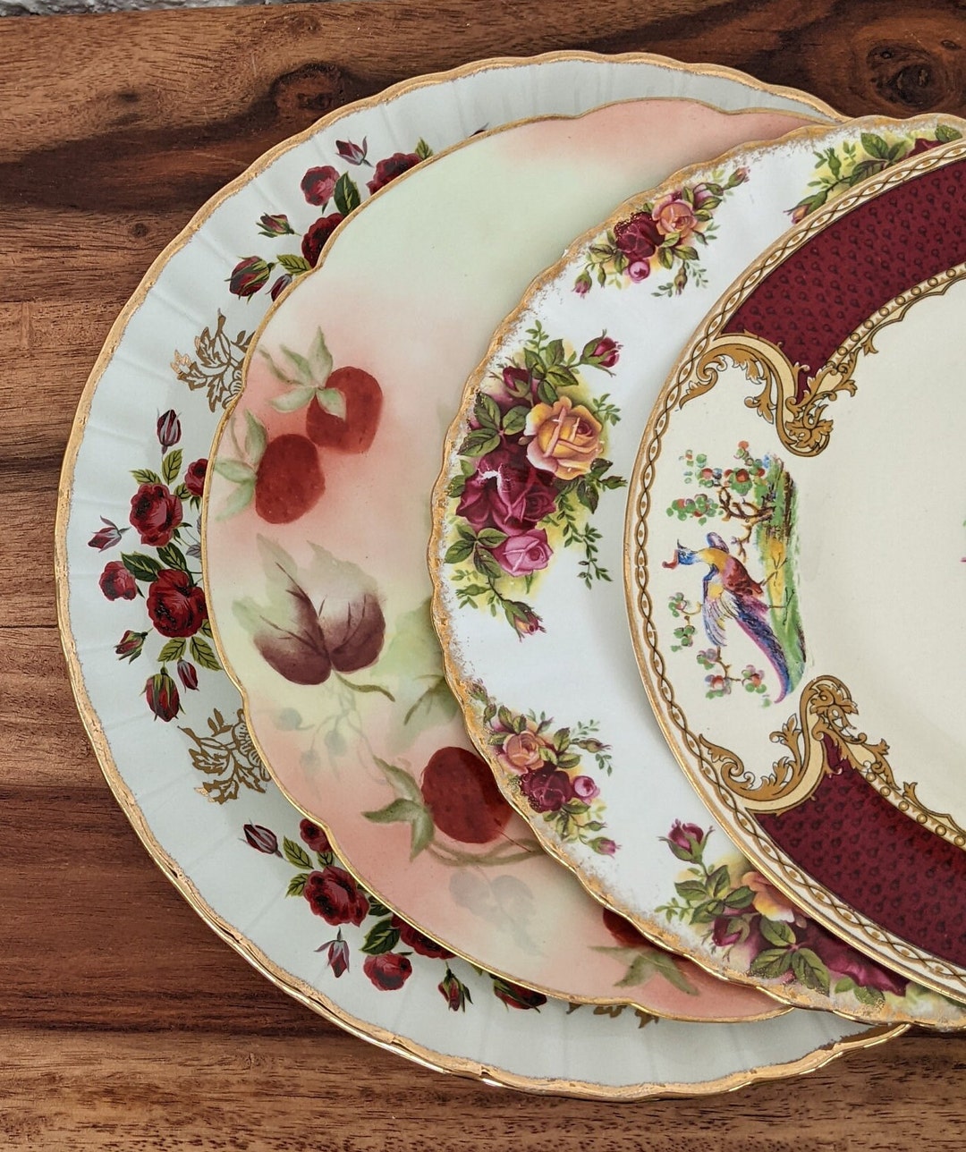 Vintage Mismatched Plates Set of 4, Red, Burgundy Floral, Fruit and