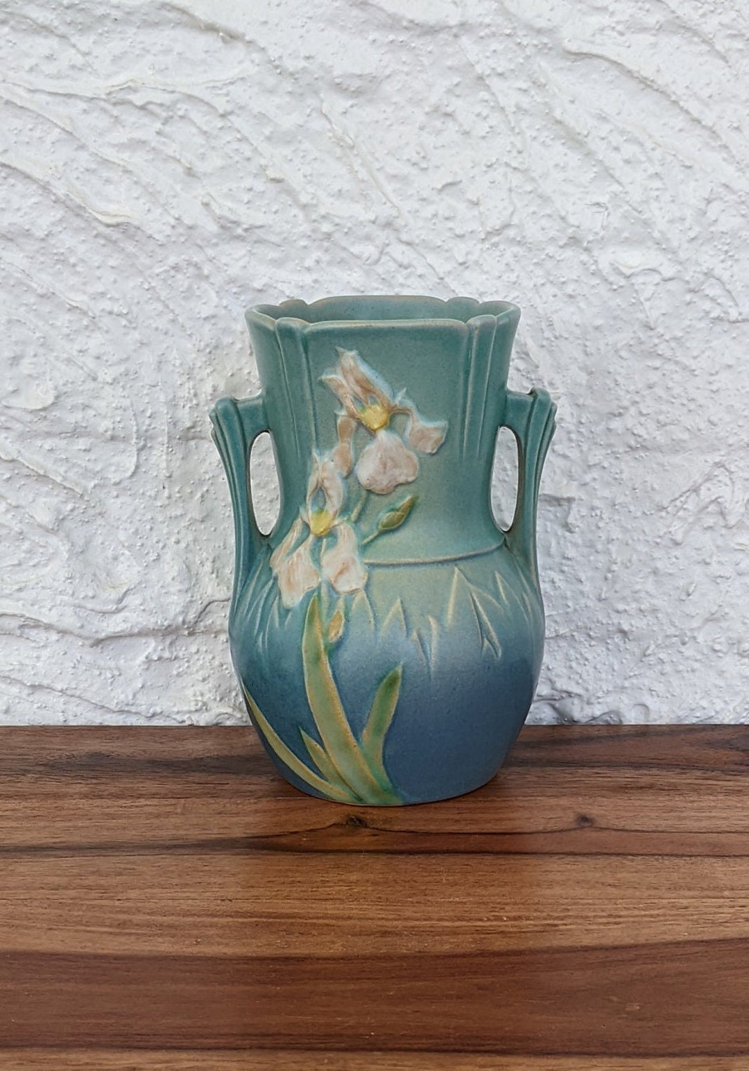 Roseville Pottery Iris Blue Ceramic Vase, 917-6, Light Blue With Iris