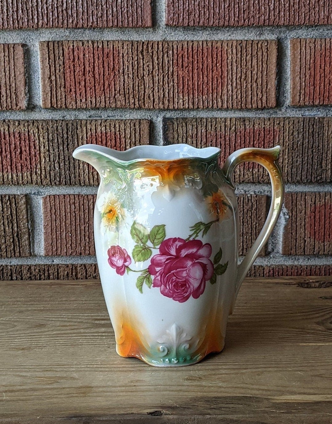 Antique Bavaria Water Jug/pitcher, Fuschia Roses With Orange Green