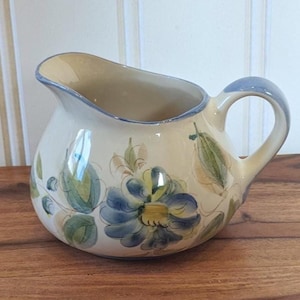 Vintage Hand Painted Secla Portugal Jug,  Blue and Green,  Flower Jug or Vase, Made in Portugal