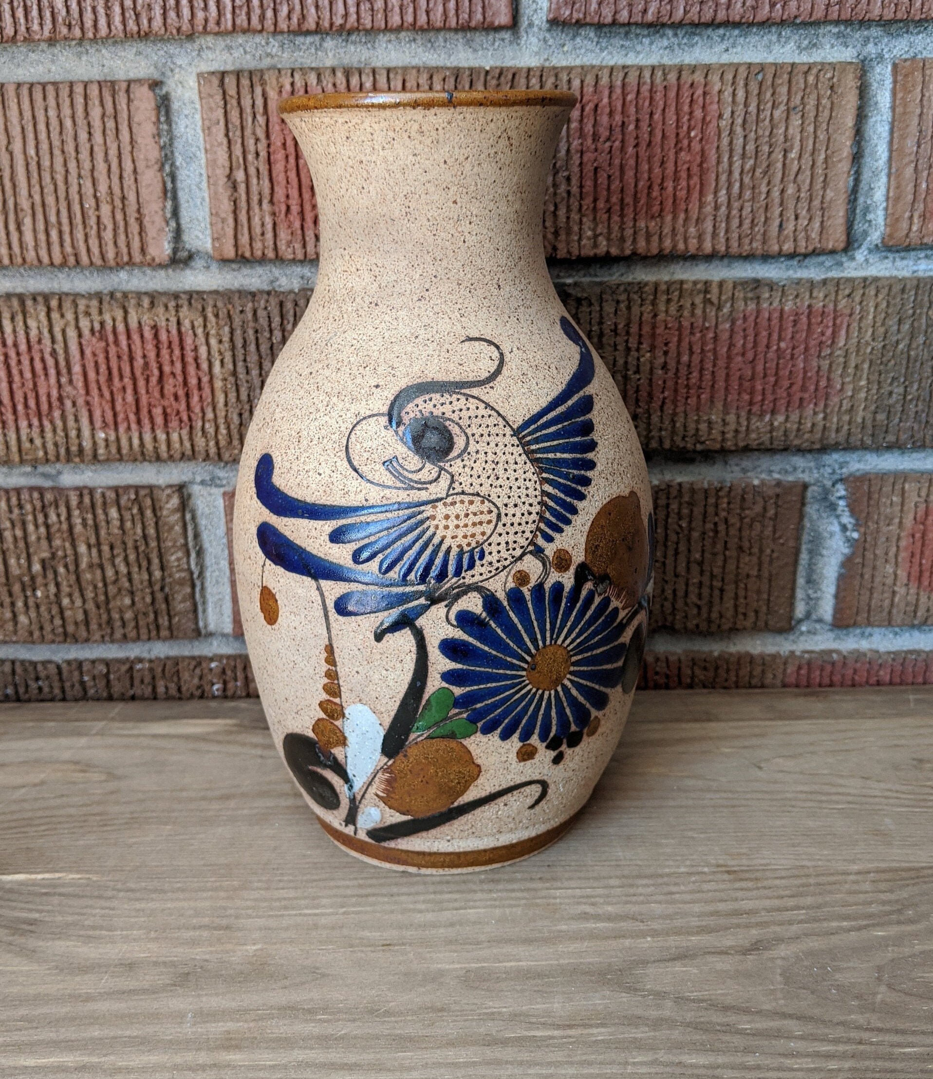 Vintage Ceramic Tonala Mexican Bird Vase, Blue Bird and