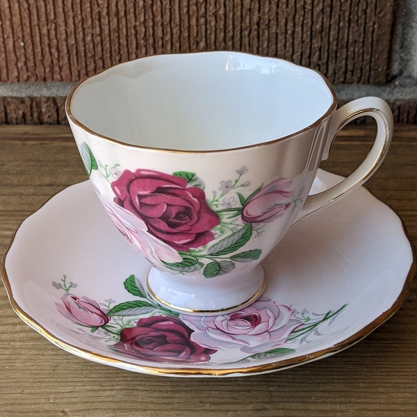 Colclough Teacup and Saucer, Light Pink with Burgundy and Pink Cabbage Roses, English Bone China, 1960s