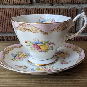 Royal Albert Teacup and Saucer, 1211, Pink and Brown with Pink, Yellow, Pink and Blue Flowers, Malvern Shape, English Bone China, 1930-40s