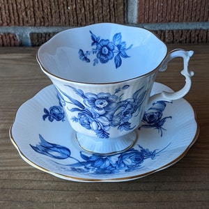Royal Albert Teacup and Saucer, White with Blue Flowers and Gilding, Gainsborough Shape, English Bone China, 1960s