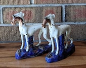 Antique Pair of Staffordshire Hunting Whippets or Dalmatians with Hares in their Mouths, Victorian Mantle Decor, Mid to Late 1800s