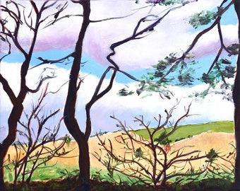 Pintura al óleo original de paisaje invernal, arte impresionista de árboles, 24 x 30 cm
