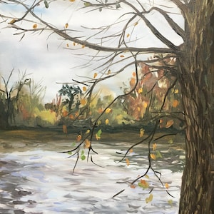 Original plein air landscape oil painting, Modern lakeside landscape, Impressionist art - Winter&#39;s Warm Welcome by Becky Clifton