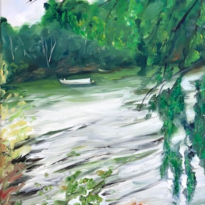 Original plein air landscape oil painting, Modern lakeside landscape, Impressionist art - Drifting by Becky Clifton