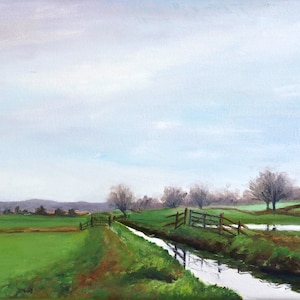 Pittura ad olio paesaggistica plein air originale, Paesaggio invernale moderno, Arte impressionista - Godney Farm di Becky Clifton