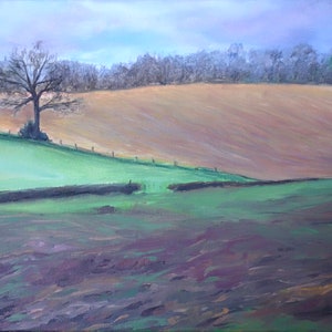 Pittura ad olio di paesaggio plein air originale, Paesaggio moderno, Arte impressionista - Winter&#39;s Fields di Becky Clifton