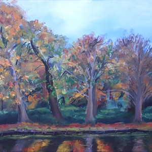 Original plein air landscape oil painting, Modern lakeside landscape, Impressionist art - Evening Beckons by Becky Clifton