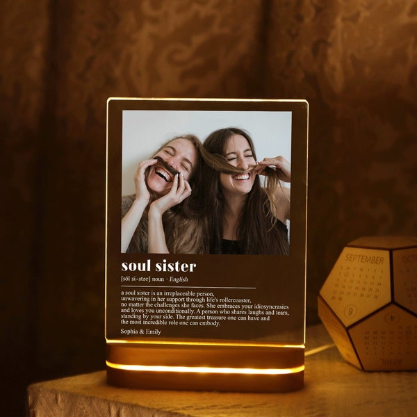 Personalized Soul Sister Definition Plaque Lamp, Custom Photo Night Light, Birthday Gift For Her, Gift for Best Friend, Sister Picture Frame