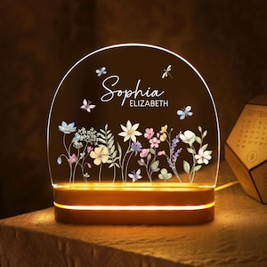 Custom Floral Butterfly Name Night Light, Birthday Gift for Her, Bedroom Bedside Light, Personalized Flower Garden Night Lamp, Nursery Decor