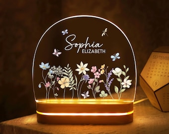 Veilleuse nom papillon floral personnalisée, cadeau d'anniversaire pour elle, lumière de chevet de chambre à coucher, veilleuse de jardin de fleurs personnalisée, décoration de chambre d'enfant