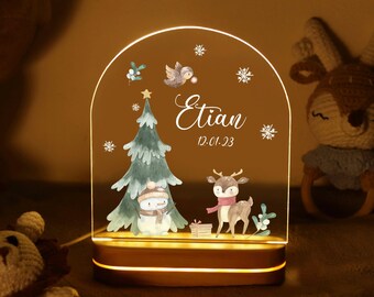 Personalized Cute Snowman and Reindeer Christmas Night Light, Custom Baby Name Night Lamp, Baby Bedroom Bedside Lamp, Christmas Gift for Kid