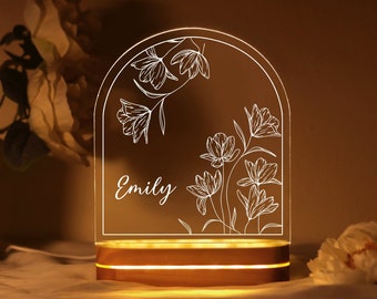 Personalized Acrylic Night Light, Custom Name LED Light, Bedroom Decor, Boho Flower Decor, Custom Photo Night Light, Birthday Gift For Her