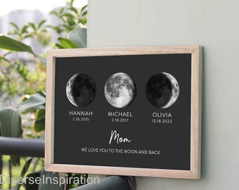 Marco personalizado de la fase lunar, regalo del Día de la Madre, regalo del Día del Padre, impresión de la fase lunar, arte de la fase lunar, signo de apellido, regalo personalizado