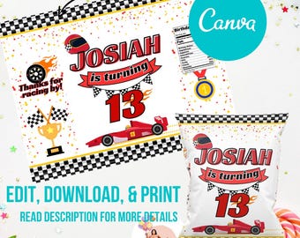 May include: Printable party favor bags featuring a red race car and the text "Josiah is turning 13". The bags have a checkered flag design and are perfect for a racing themed birthday party.