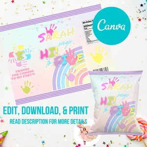 May include: A printable design for a chip bag featuring a rainbow, handprints, and the text "Sarah says Hi! to Five".