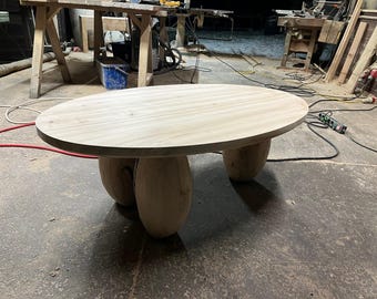 Handcrafted Oval Ash Wood Coffee Table – Sculptural Pebble Leg Design