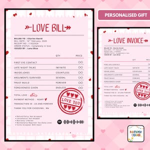 Può includere: Un regalo personalizzato con un design "Love Bill" e "Love Invoice". Il conto include dettagli come la data, il destinatario e un elenco di gesti romantici con valori infiniti o infiniti. È presente anche un timbro rosso "Love You".