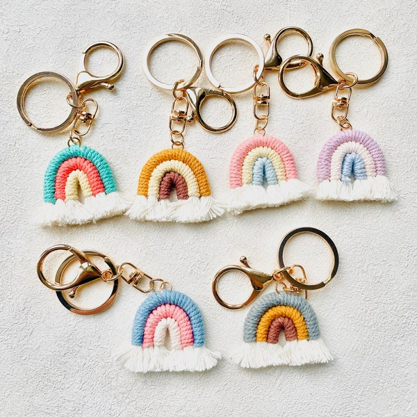 Handmade macramé rainbow keyring, rainbow bag charm, rainbow favour. Various colour options. Teacher gift