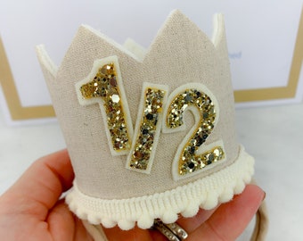 Half birthday crown, neutral cream party hat, cake smash prop, linen crown, gold birthday crown, 1/2 birthday photo shoot, boys, girls,