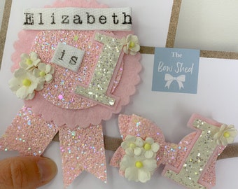 Birthday bow and badge set, pink, white birthday hair bow, cake smash prop, glitter birthday badge, 1st, 2nd, 3rd, 4th, 5th, 6th birthday,