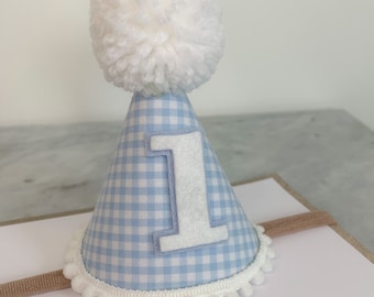 Party hat, cake smash, 1st birthday hat, birthday crown, blue birthday hat, pompom hat, boys birthday photo prop, gingham hat, 1/2 half