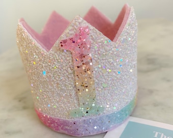 Birthday crown, 1st birthday crown, cake smash prop, rainbow crown, party hat, white baby crown, party crown, girls 2nd 3rd 4th 5th crown