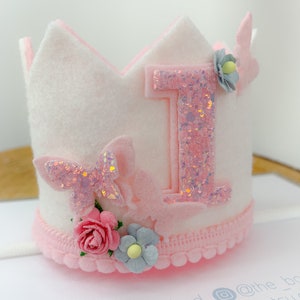Corona de cumpleaños de mariposa, accesorio de pastel smash, corona de cumpleaños rosa, corona de pastel smash, sombrero de fiesta de mariposa, 1º 2º 3º 4º cumpleaños, diadema