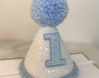 Boys party hat, cake smash prop, birthday crown, 1st birthday hat, white glitter, baby blue, 1/2 1st 2nd 3rd birthday gift, half birthday