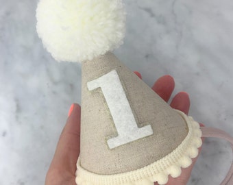 Cream party hat, neutral birthday crown, linen hat, cake smash prop, cake smash hat, baby 1st birthday, 2nd birthday,dog party hat Pompom