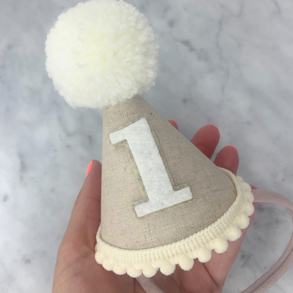 Cream party hat, neutral birthday crown, linen hat, cake smash prop, cake smash hat, baby 1st birthday, 2nd birthday,dog party hat Pompom