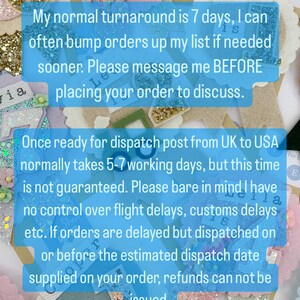 May include: A blue and white text graphic with the words "USA Dispatch and Delivery Times" and information about shipping times from the UK to the USA. The text says that the normal turnaround time is 7 days, but orders can be bumped up the list if needed sooner. The text also says that once ready for dispatch, post from the UK to the USA normally takes 5-7 working days, but this time is not guaranteed. The text also says that express delivery from the UK to the USA is not available.