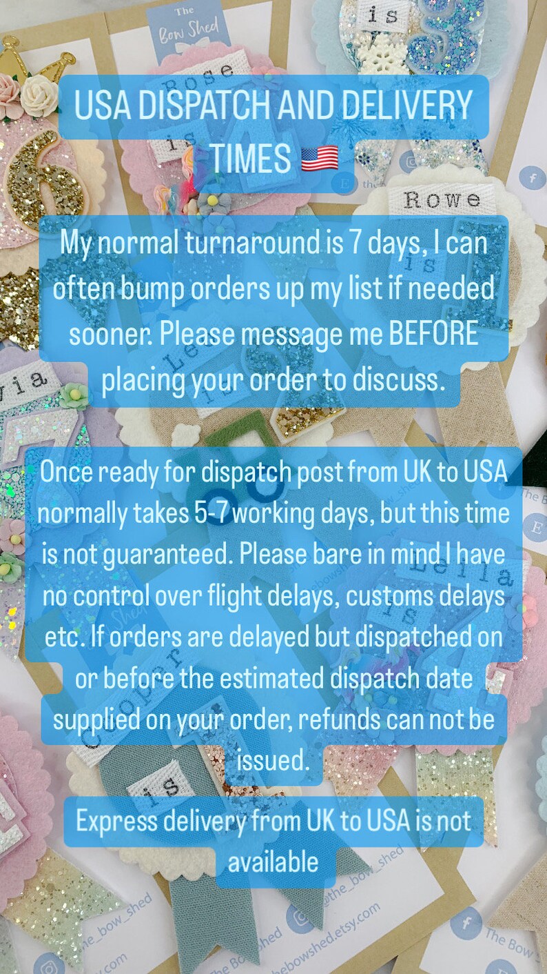 May include: A blue and white text graphic with the words "USA Dispatch and Delivery Times" and information about shipping times from the UK to the USA. The text says that the normal turnaround time is 7 days, but orders can be bumped up the list if needed sooner. The text also says that once ready for dispatch, post from the UK to the USA normally takes 5-7 working days, but this time is not guaranteed. The text also says that express delivery from the UK to the USA is not available.