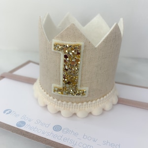 Corona de cumpleaños neutra, sombrero de fiesta color crema, accesorio para aplastar pastel, corona de lino, corona de cumpleaños dorada, sesión de fotos de primer cumpleaños, niños, niñas, 1.º, 2.º,