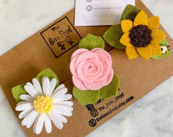 Flower hair clips, flower headband set, rose hair accessories, sunflower fringe clip, daisy hair slide, hair clip gift set, baby headband,