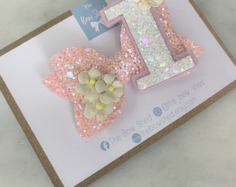 Pink birthday bow, glitter hair bow, party hair bow, 1st birthday bow, cake smash prop, birthday crown, 2nd 3rd 4th 5th 6th, flower crown,