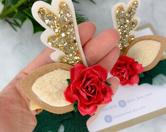 Christmas hair clips, reindeer hair clip, antler, festive hair bow, red Christmas hair accessory, baby Christmas bow, Christmas photo prop